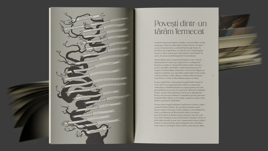 An open spread from the Viscri book on a dark field: an illustrated ribbon tree facing a chapter opening, with stacked spreads fanned behind