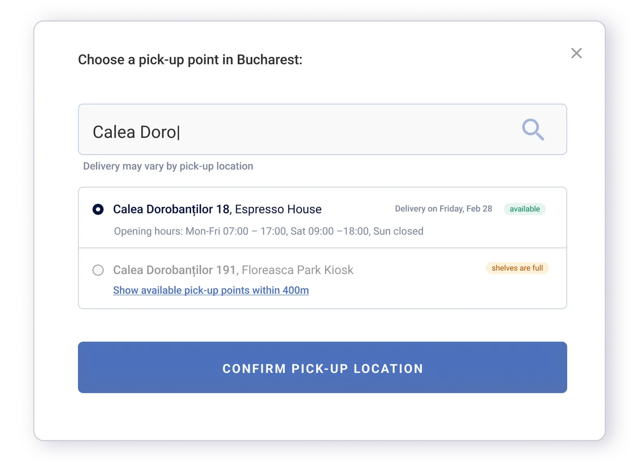 Bookster pick-up point picker: a modal listing collection addresses in Bucharest
