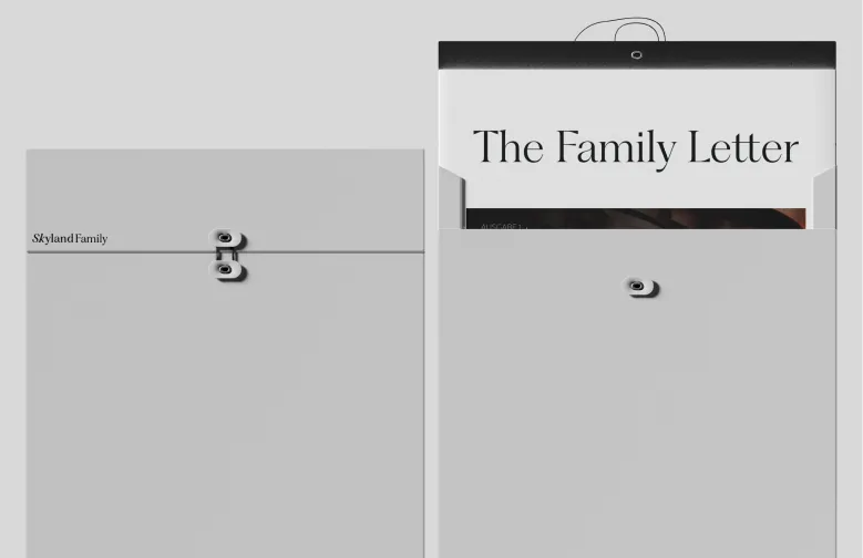 The Family Letter: a printed newsletter half out of its Skyland Family envelope
