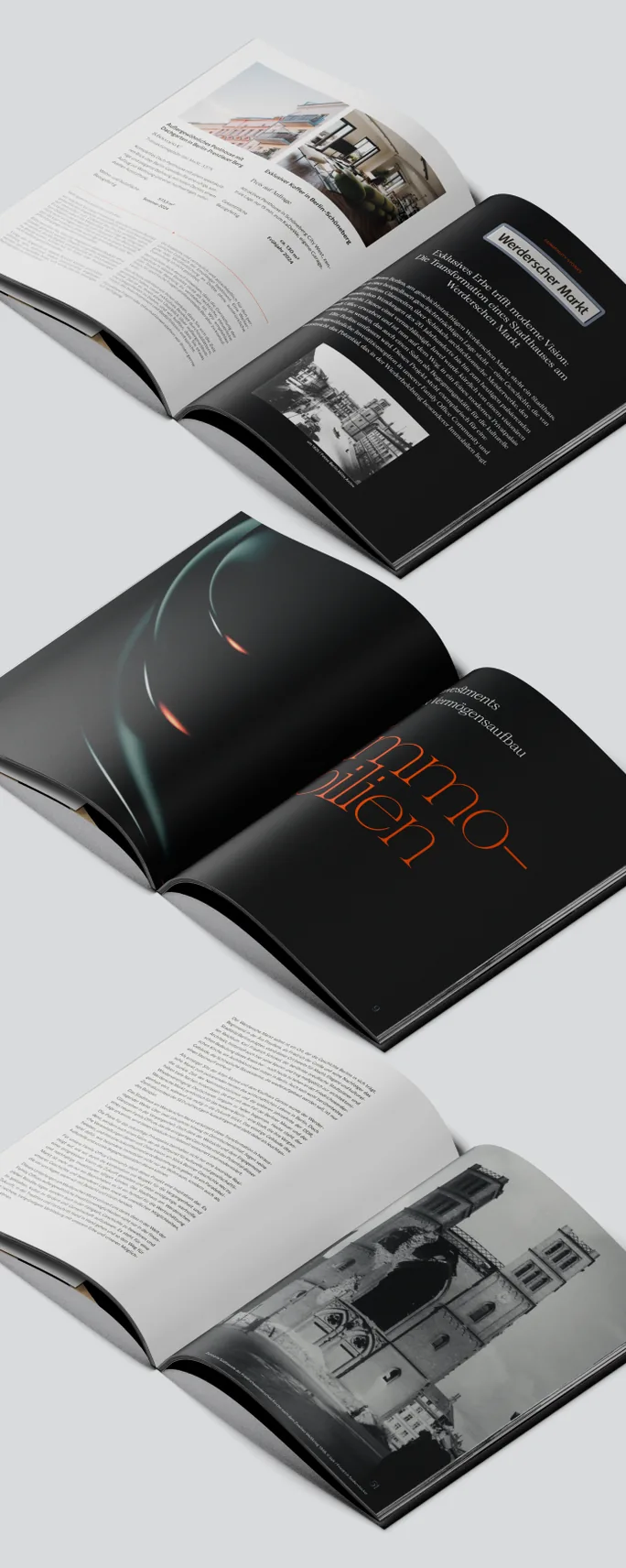 Three Skyland brochures open on a navy field, two on white paper and one on black