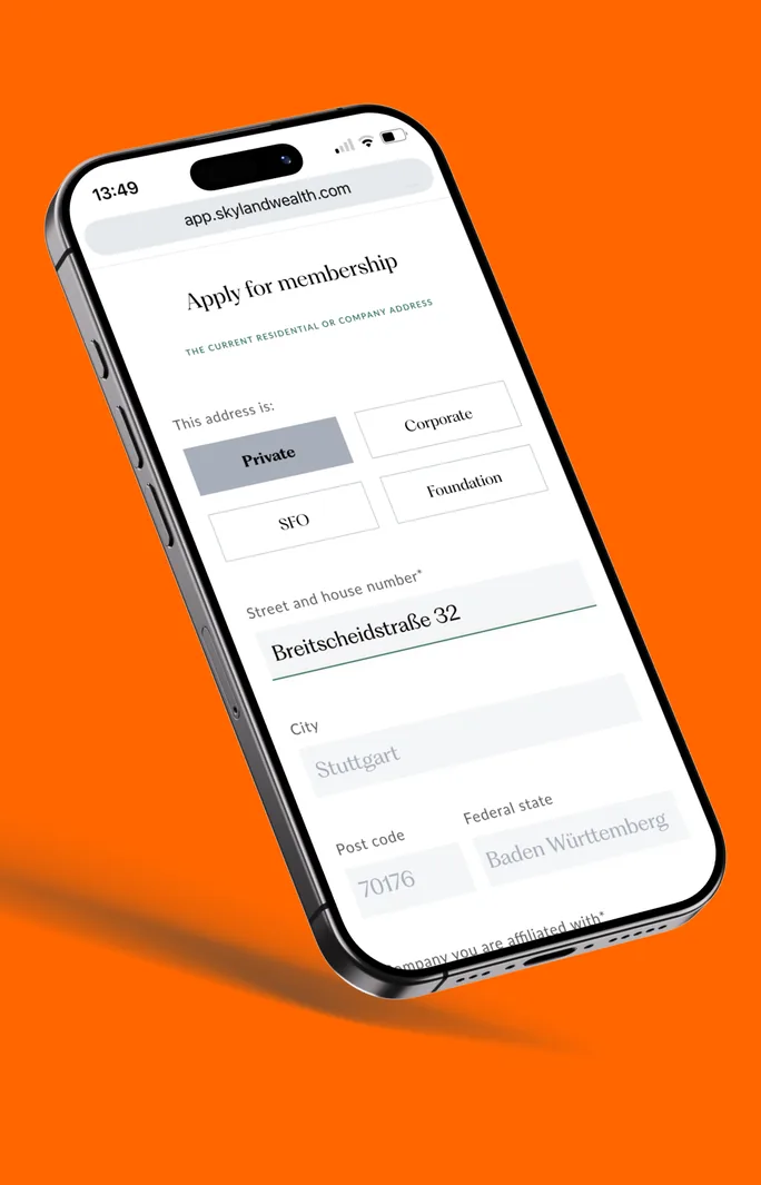 The Skyland membership application on an iPhone, on an orange field