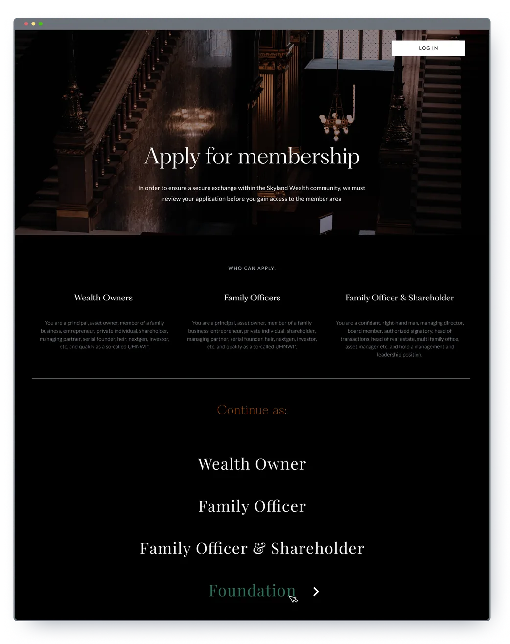 The Skyland membership eligibility screen: who can apply, and the four member types to continue as